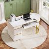 60''Modern Executive Desk,White Curved Computer Desk with Gold Metal Legs,3-Drawers Home Office Desk
