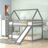 Twin over Twin Low Bunk Bed, House Bed with Ladder , White