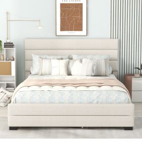 Queen Upholstered Platform Bed with Twin Size Trundle and Two Drawers (Color: Beige)
